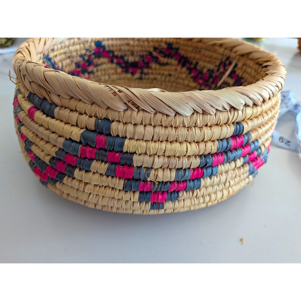 Small Round Woven Straw Storage Basket, Textured Boho Beige Pink Blue 4 in